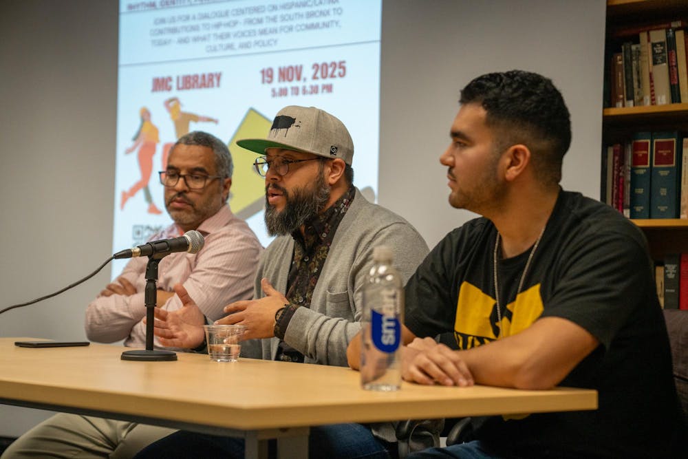 Panelists speak during the Hip Hop and Public Affairs series highlighting Hispanic and Latinx voices in Case Hall, Wednesday, Nov. 19, 2025, in East Lansing, Mich.