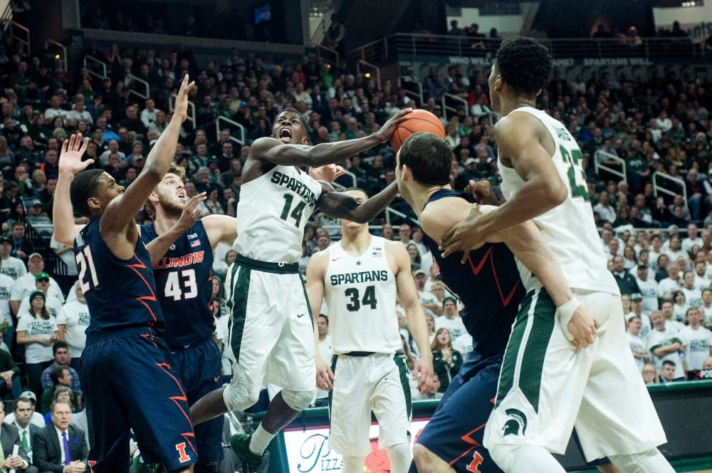 Junior guard Eron Harris shoots the ball during the second half of the game against Illinois on Jan. 7, 2016 at Breslin Center. The Spartans defeated the Illini, 79-54. 