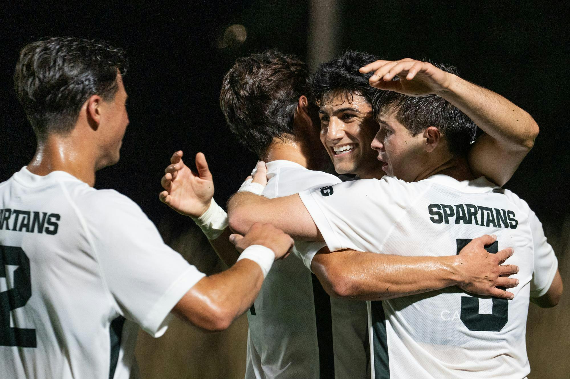 <p>Michigan State men's soccer senior forward Andrew Darakdjian (9) celebrates his goal with his teammates during their game against Northwestern University at DeMartin Stadium in East Lansing, Mich., on Sept. 15, 2026.</p>
