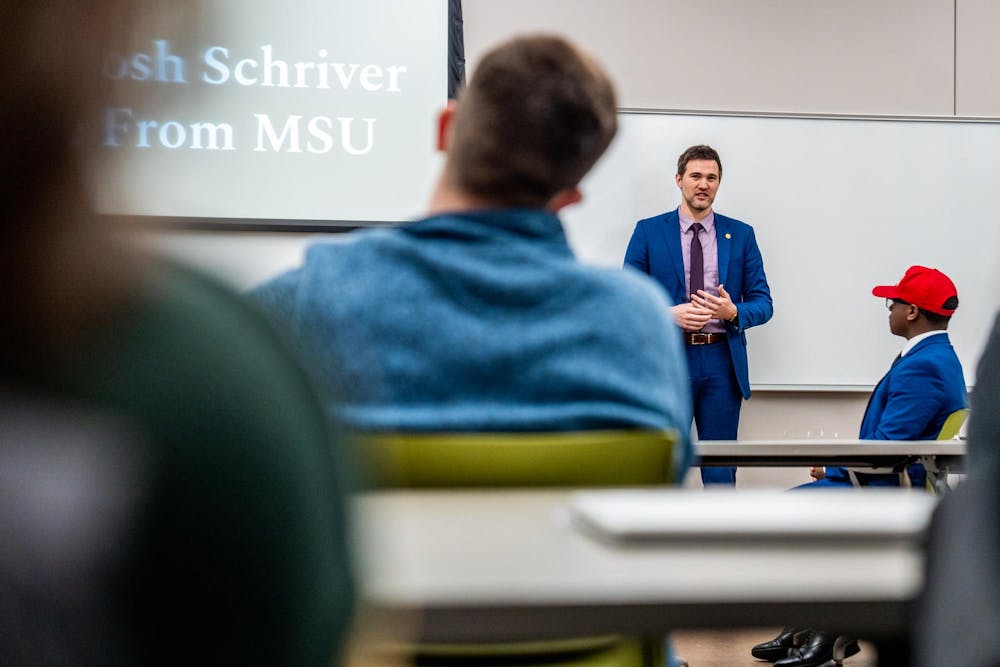 Michigan State Rep. Josh Schriver speaks to the Michigan State University chapter of Turning Point USA in Wells Hall on the campus of Michigan State University in East Lansing, Mich., on Wednesday, March 11, 2026.