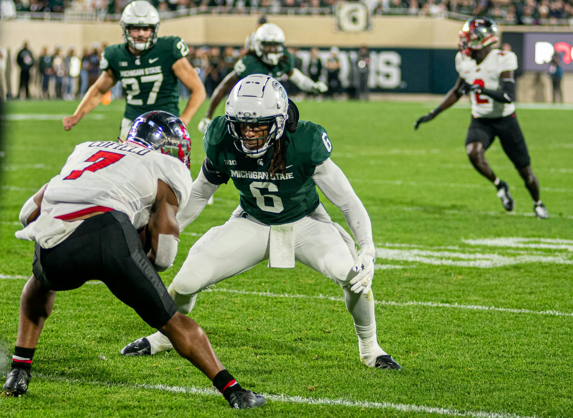 <p>Junior linebacker Quavaris Crouch meets the receiver at the line of scrimmage during the Spartans&#x27; 48-31 homecoming win against Western Kentucky on Oct. 2, 2021.</p>