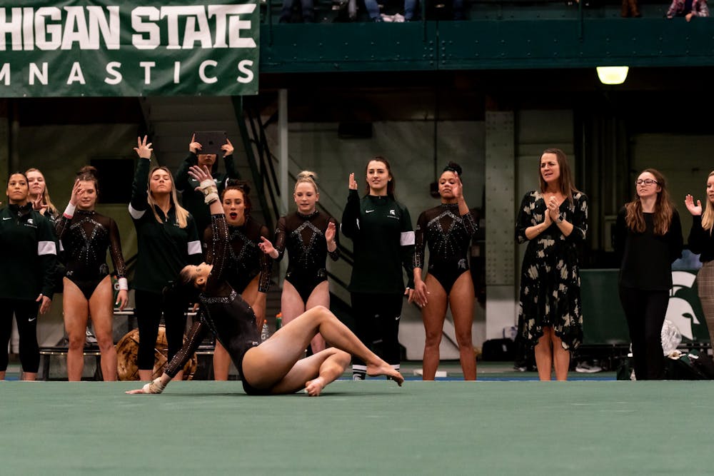 Junior Lea Mitchell performs her floor routine during a meet against Nebraska.The Spartans fell to the Huskers, 196.550 - 197.100, at Jenison Fieldhouse on January 26, 2020. 