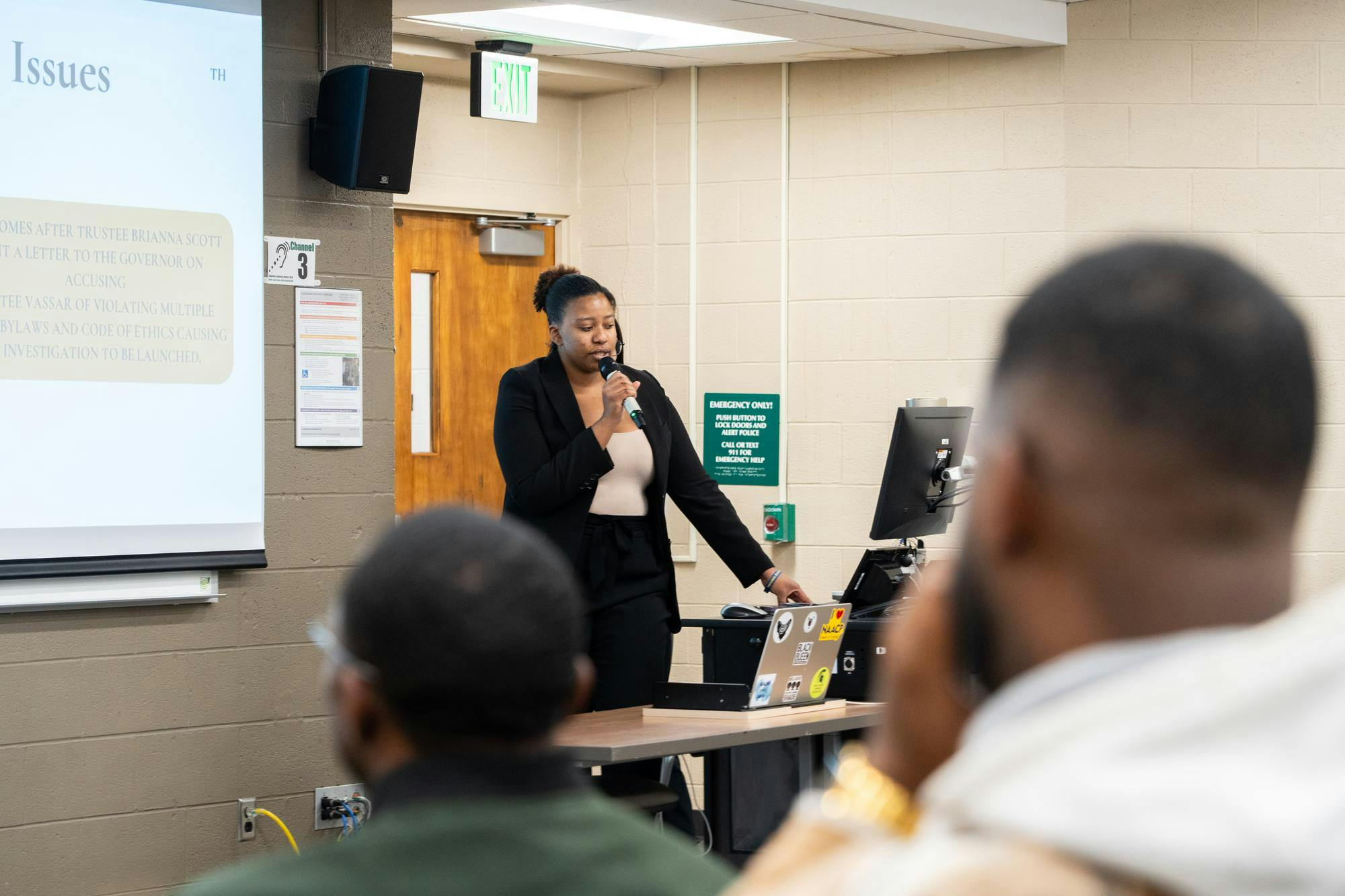 <p>Social work senior Missy Chola speaks to the crowd at a Michigan State University NAACP town hall meeting on MSU's campus on Tuesday, March 26, 2024. Students discussed institutional racism within the university and spoke in defense of MSU trustee Rema Vassar.</p>