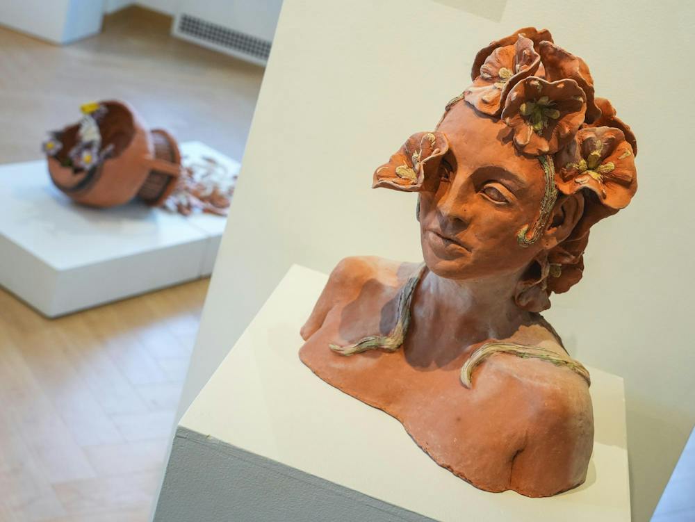 <p>Positioned on a white pedestal, a ceramic statue is displayed at the Lasting Impressions Art Gallery in the MSU Union, in East Lansing, Mich., on Tuesday, Sept. 8, 2026.</p>