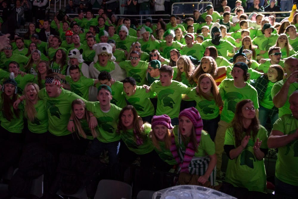 The Izzone before the game against Maryland on Jan. 23, 2016 at Breslin Center. The Spartans defeated the Terrapins, 74-65. The students were handed t-shirts to go along with the Spartans "Mean Green" jerseys.