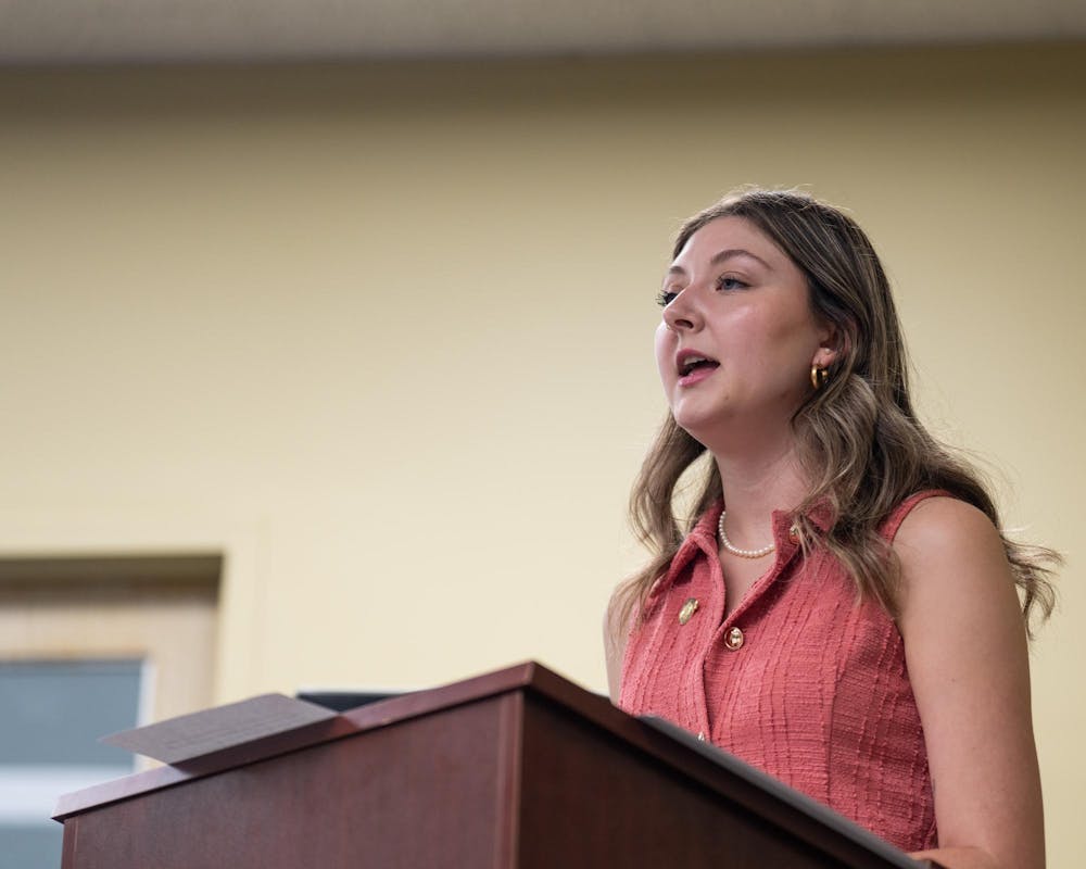 ASMSU's current President, Kathryn Harding, gives a short speech to open up a meeting inside the Student Affairs & Services building in East Lansing, MI on April 14, 2026.