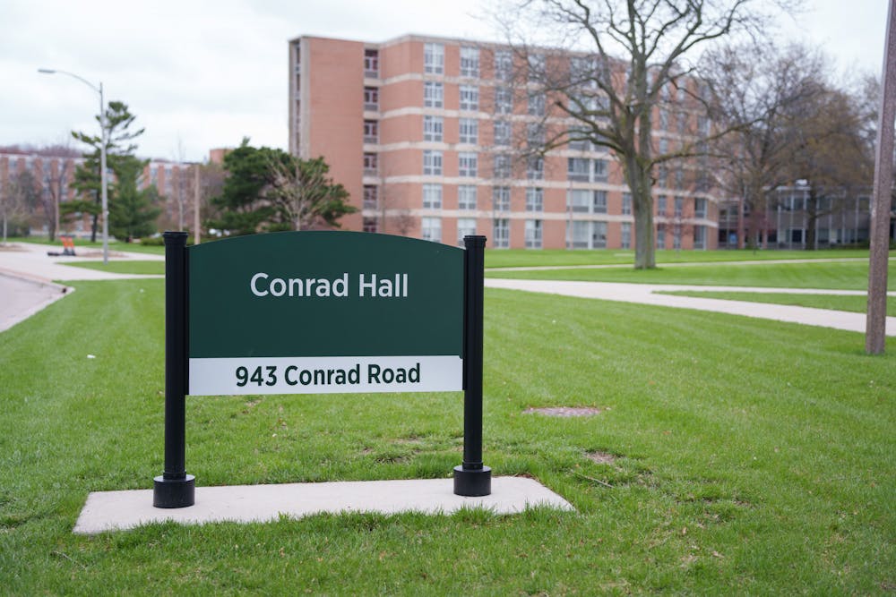 Sign outside of Conrad Hall, on May 4, 2022.