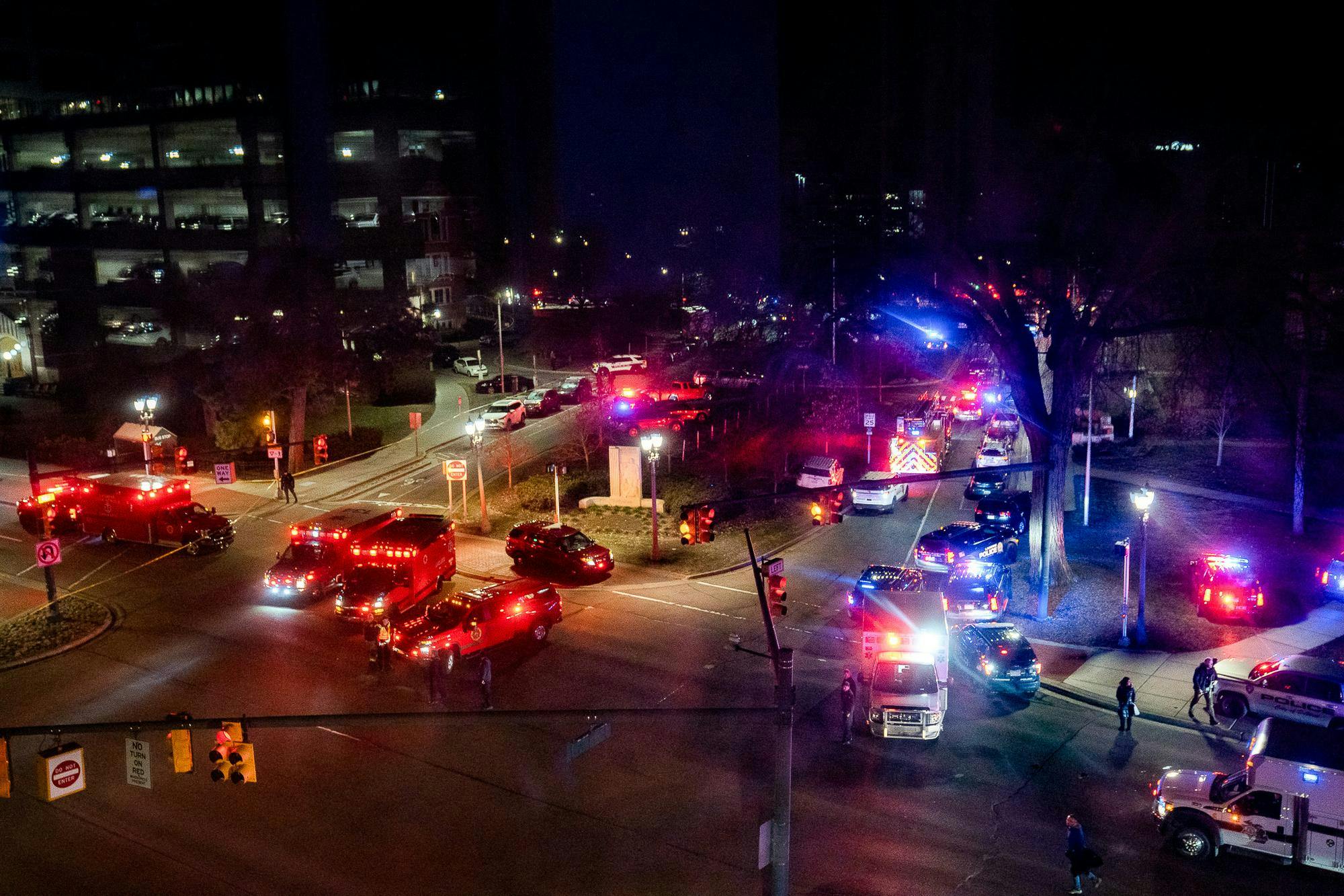 An overhead view of the first responders that arrived to MSU Union during the response of a shooting on Michigan State’s campus on the night Feb. 13, 2023.