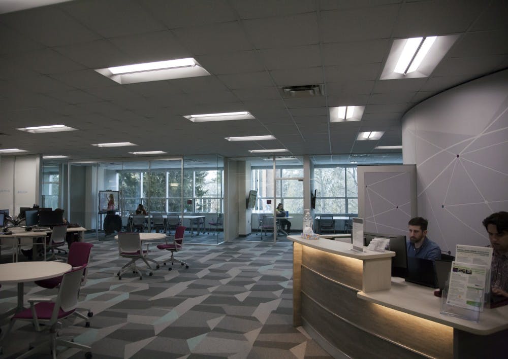 <p>Students and staff work in the Digital Scholarship Lab at the Main Library on March 20, 2018. (Charles Benoit | State News)</p>