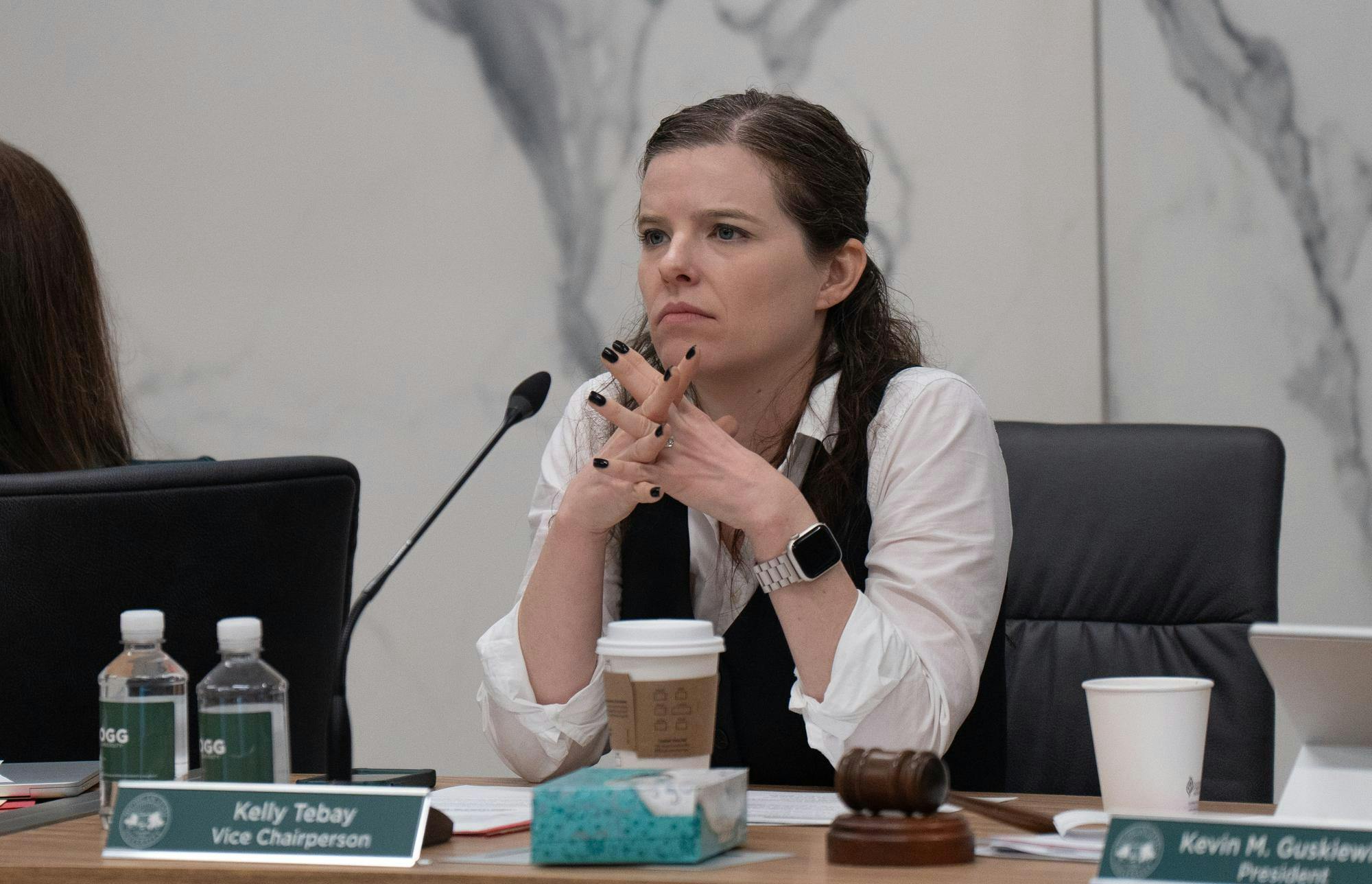 Michigan State Vice Chairperson Kelly Tebay listens to remarks during a board meeting at the Hannah Administration building on Oct. 25, 2024.