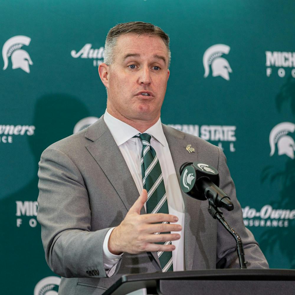 <p>MSU's new football HC Pat Fitzgerald speaks to the crowd at the Tom Izzo football building in East Lansing, MI on Dec. 2, 2025.</p>
