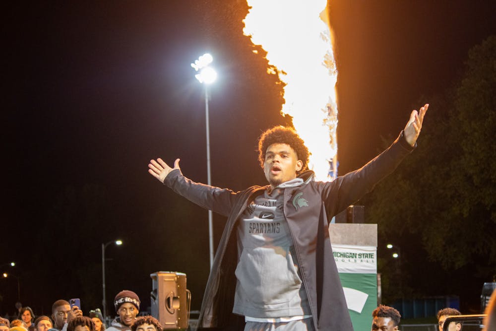 <p>MSU junior and men&#x27;s basketball player Malik Hall introduced to the fans at the Izzone Campout held at Munn Field on Oct. 15, 2021.</p>