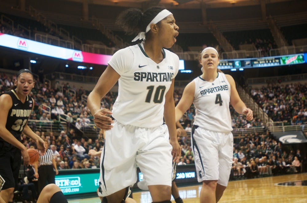 	<p>Redshirt freshman guard Branndais Agee reacts after she knocks down a purdue player Feb. 2, 2014 in a game against Purdue at Breslin Center. The Spartans defeated the Boilermakers 89-73. Erin Hampton/The State News</p>
