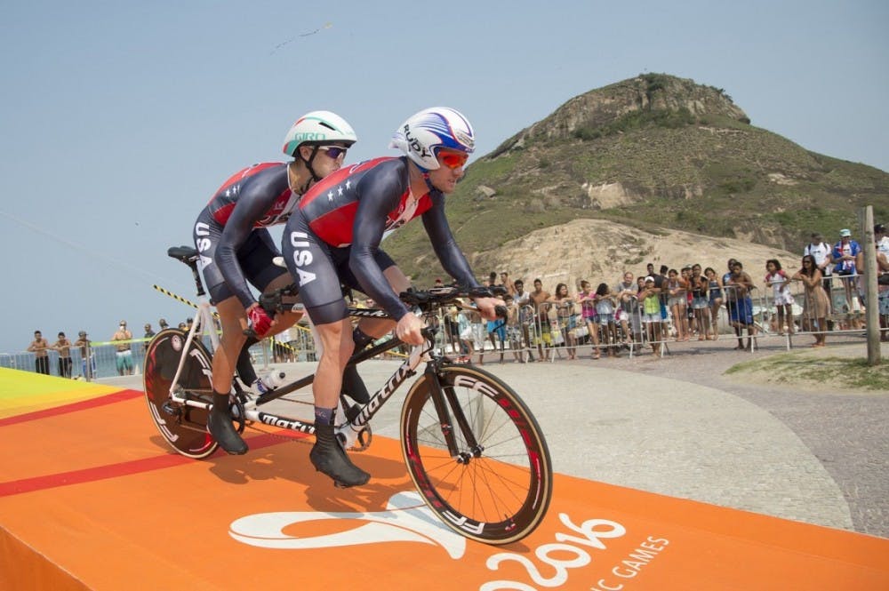 <p>MSU alumnus Aaron&nbsp;Scheidies and riding pilot Ben Collins compete in cycling at the Paralympic Games in Rio de Janeiro. Photo courtesy of Aaron Scheidies.&nbsp;</p>