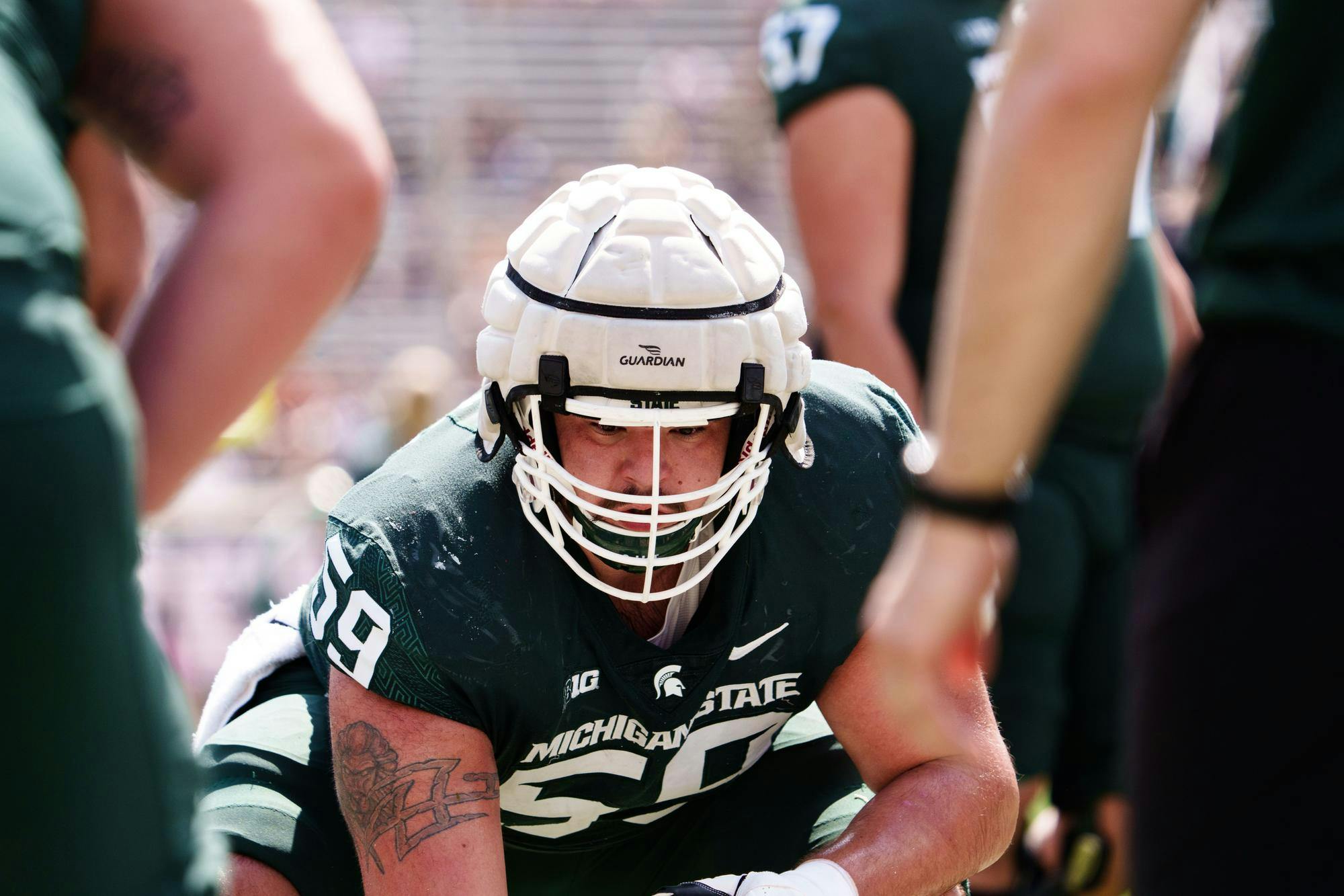Redshirt senior center Nick Samac (59) lines up for a drill during the MSU football spring open practice, held at Spartan Stadium on April 15, 2023.