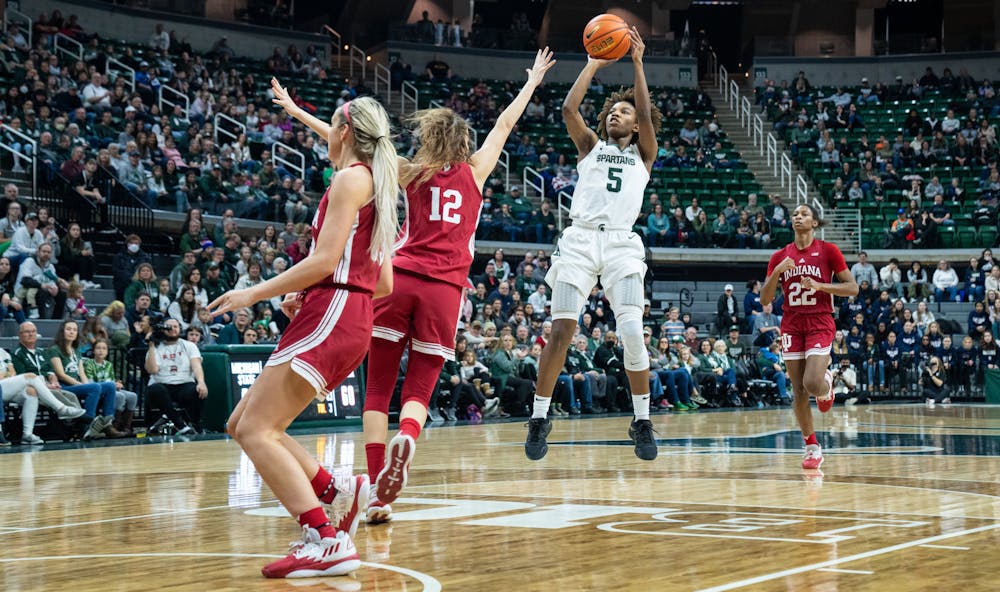 Michigan State's Kamaria McDaniel (5) goes up for a shot during the Spartan's victory over Indiana on Dec. 29, 2022.