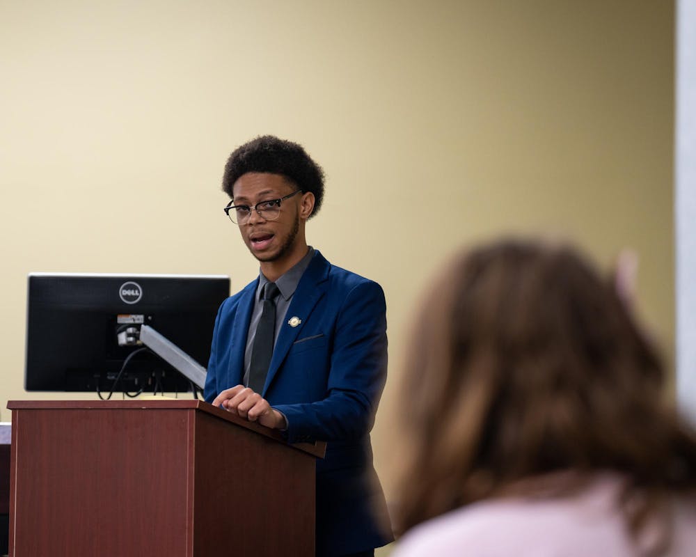 ASMSU current Vice President for Governmental Affairs, Deonte Sparks, answers questions during his race for ASMSU President in the Student Affairs & Services building in East Lansing, MI on April 14, 2026.