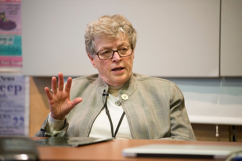 <p>Lou Anna K. Simon talks to members of The State News staff March 16, 2015, during an interview at The State News office. This year marks Simon's tenth year as president of MSU. Erin Hampton/The State News</p>