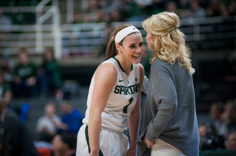 Senior guard Tori Jankoska and Head Coach Suzy Merchant share a moment during the game against Nebraska on Jan. 7, 2017 at Breslin Center. The Spartans defeated the Cornhuskers, 93-73.