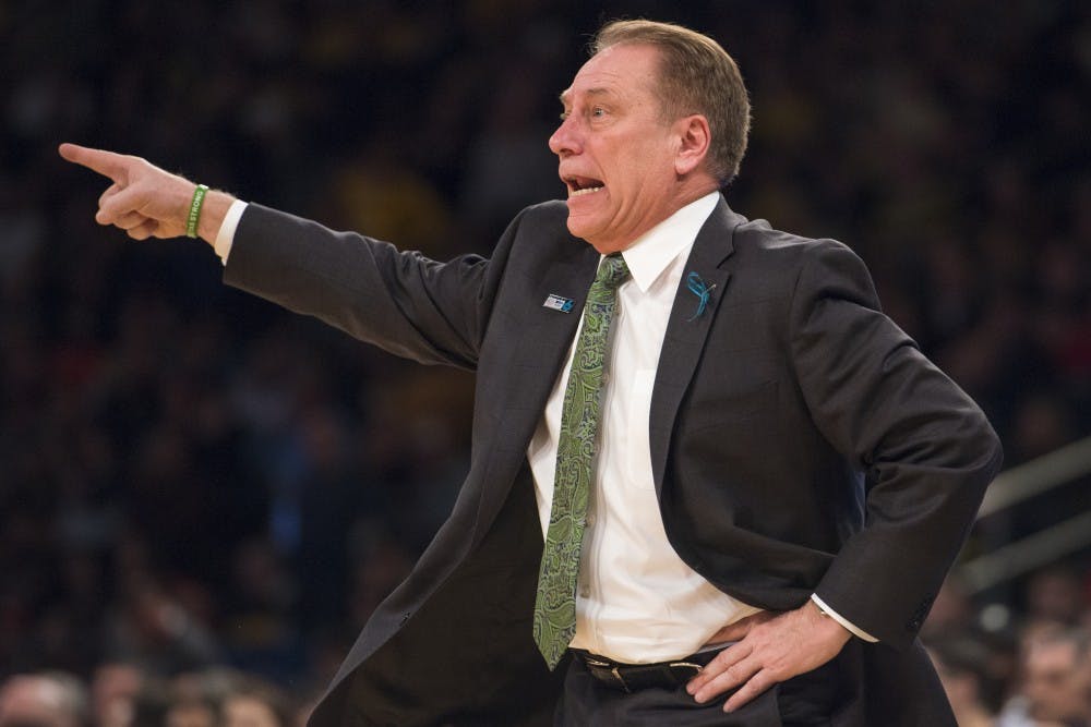 Michigan State’s head coach Tom Izzo points and yells during the second half of the 2018 Big Ten Men's Basketball semifinal game against Michigan on March 3, 2018 at Madison Square Garden in New York. The Spartans were defeated by the Wolverines, 75-64. (Nic Antaya | The State News)
