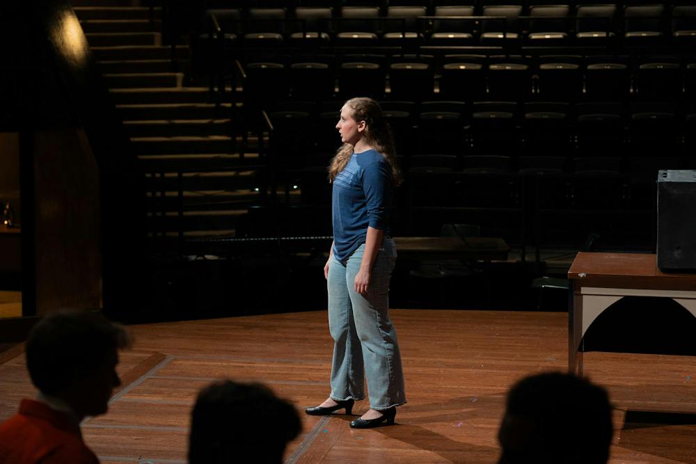 <p>A Michigan State student rehearses for the upcoming production of "Discovery" at Wharton Center in East Lansing, Mich., on Tuesday, Sept. 22, 2026.</p>