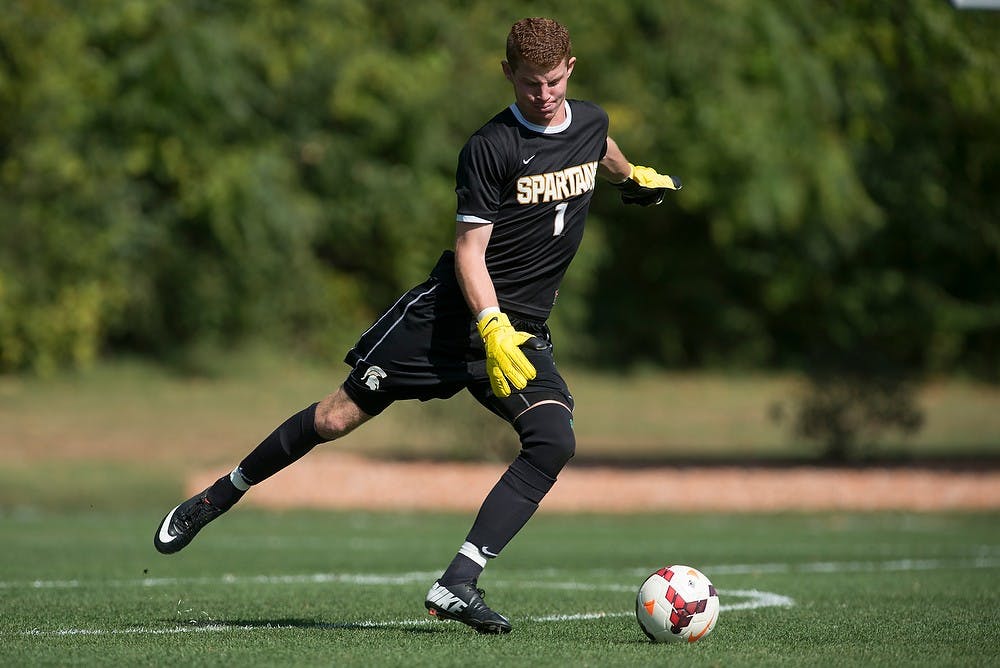 	<p>Sophomore goal keeper Zach Bennett, 1, kicks the ball during the game against Northern Illinois on Sept. 28, 2013, at DeMartin Stadium at Old College Field. The Spartans defeated the Huskies, 2-0. Julia Nagy/The State News</p>
