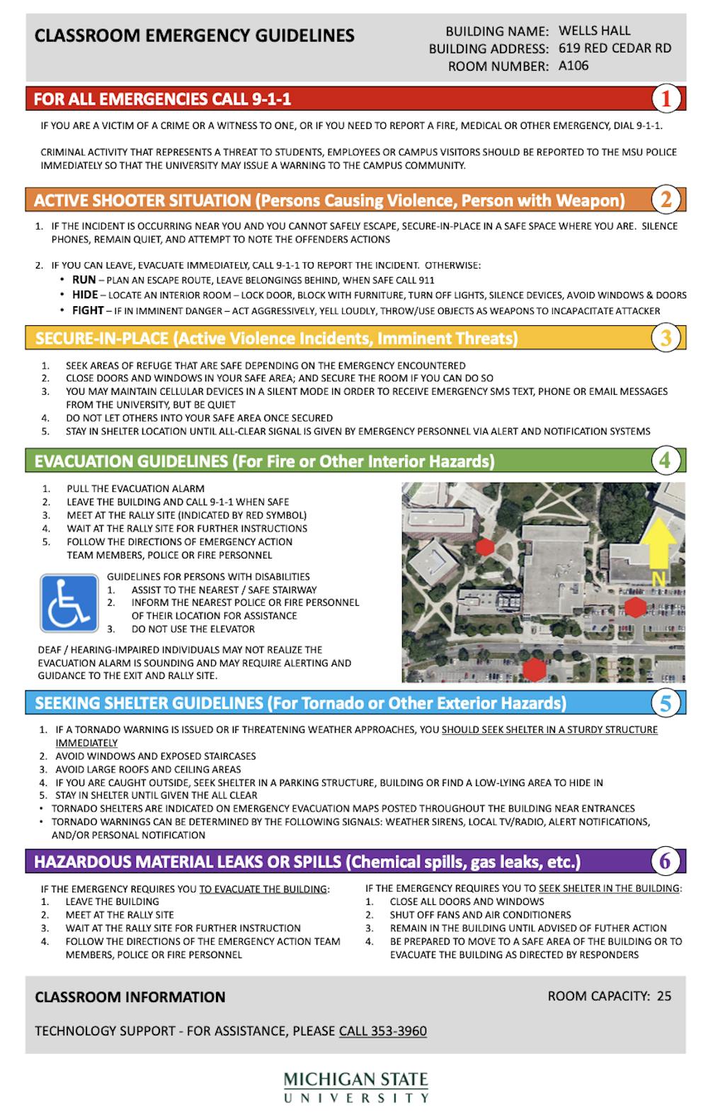 MSU classroom emergency guidelines, from MSUPD.