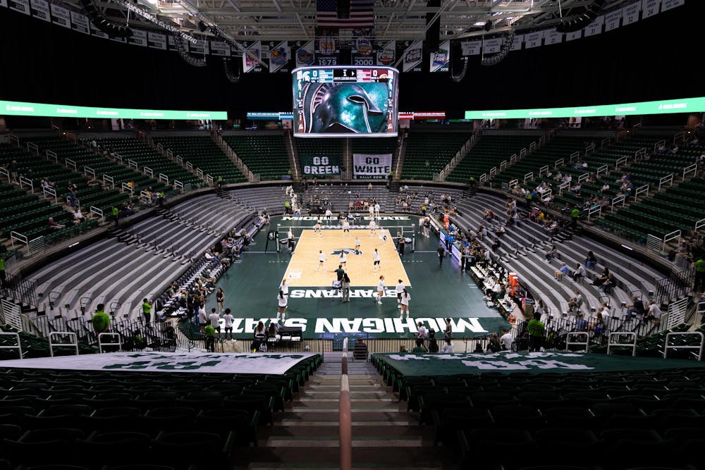 <p>Michigan State warms up prior to the Michigan State vs Western Michigan volleyball game at the Breslin Center on Tuesday, Sept. 8, 2026.</p>