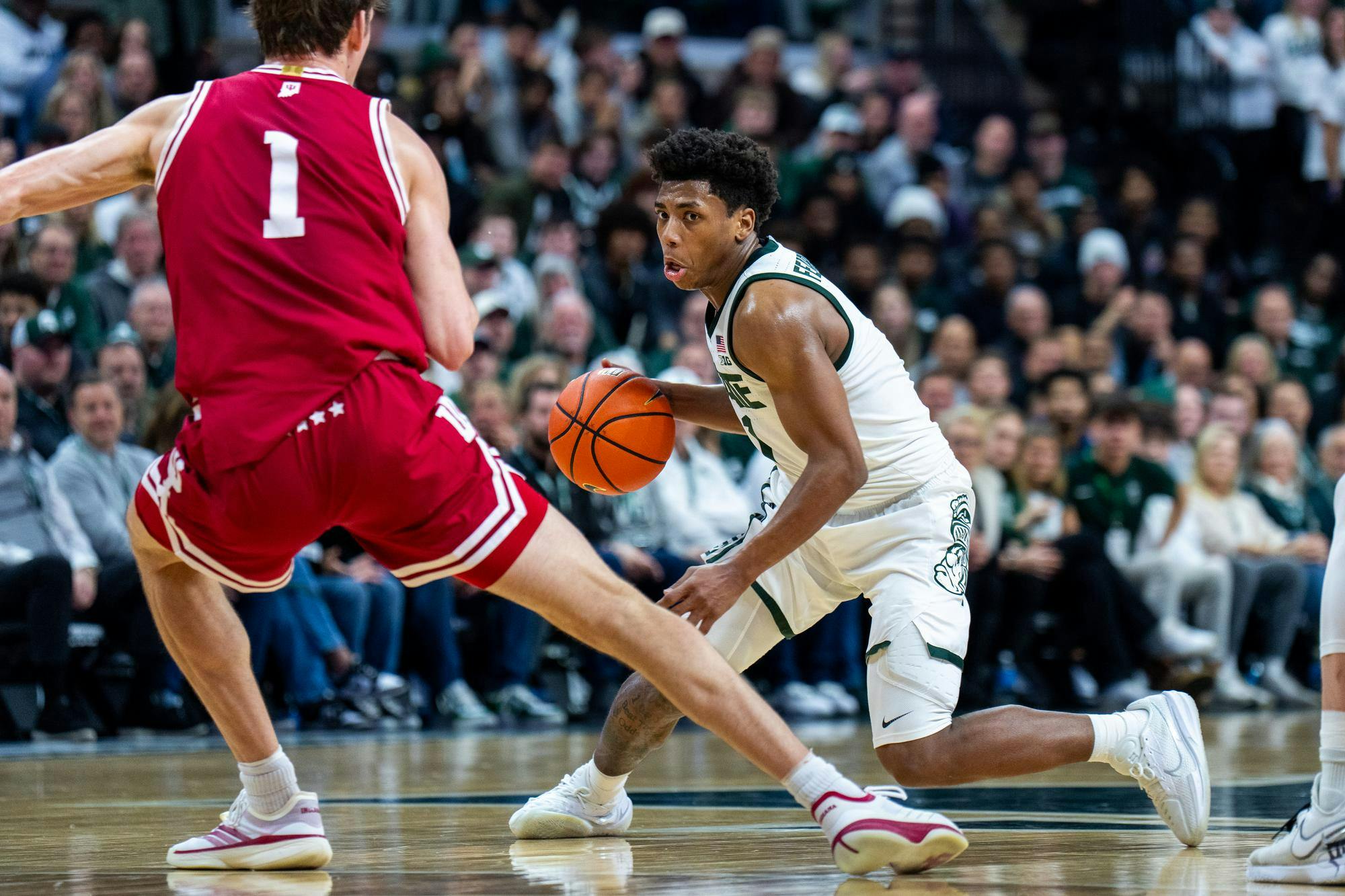<p>Michigan State Spartans guard Jeremy Fears Jr. (1) drives the ball during an NCAA Division I basketball game between Michigan State and Indiana at the Breslin Center in East Lansing, Michigan, on Tuesday, Jan. 13, 2026.</p>