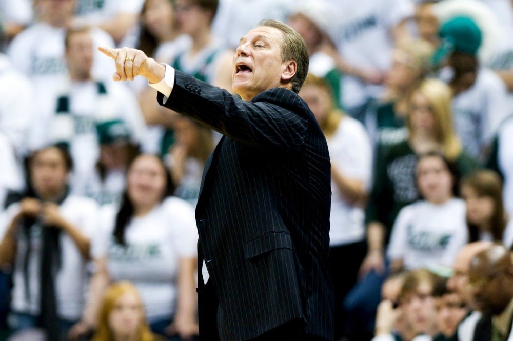 Men's basketball coach Tom Izzo points to players on the court during the game against Central Connecticut Wednesday night at Breslin Center. Lauren Wood/The State News