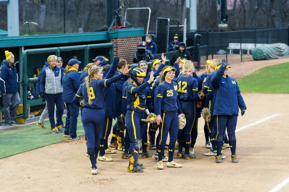 <p>Michigan celebrates and waves off Michigan State after beating them. Michigan State lost 3-0 to Michigan at the Secchia Stadium, on April 19, 2022.</p>