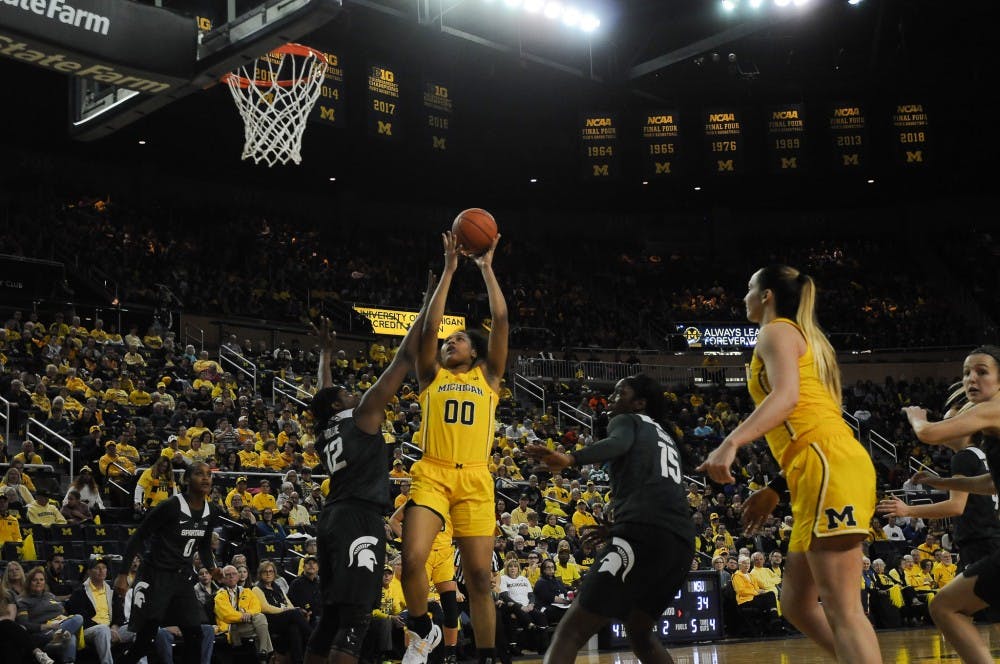 <p>Then-freshman forward Naz Hillmon (00) takes a shot on Jan. 27, 2019 at the Crisler Arena. The Spartans defeated the Wolverines, 77-73.</p>