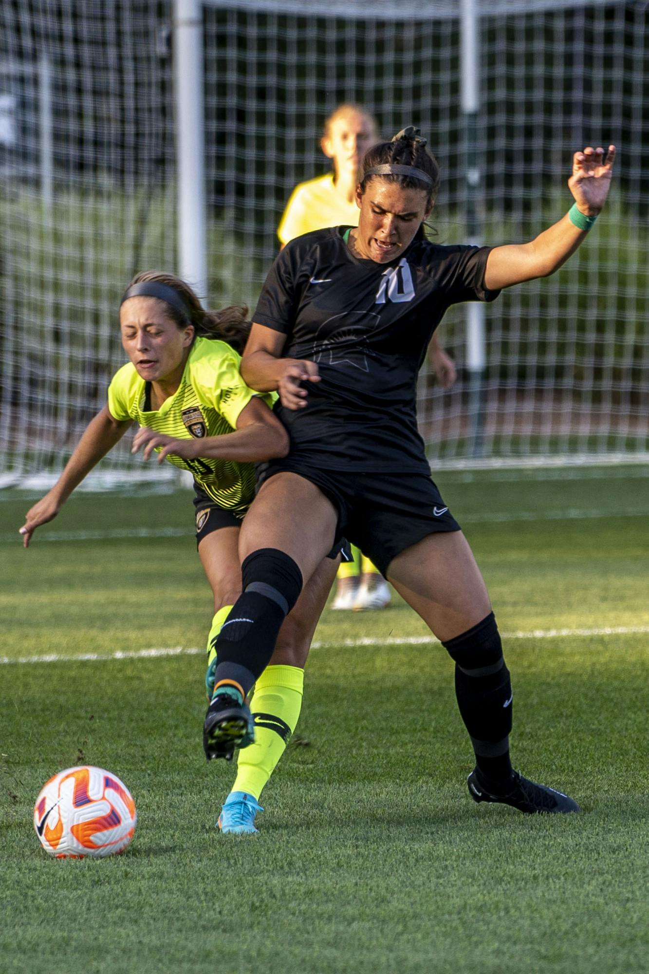 <p>Graduate level forward Camryn Evans (10) and Oakland’s Sydney Grodsinsky (15) face off during a MSU and Oakland women’s soccer game at DeMartin Field in East Lansing on Sept. 8, 2022. The Spartans and Grizzlies tied, 0-0.</p>