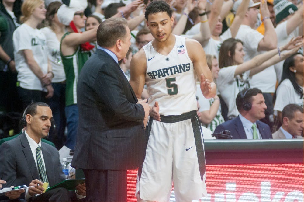 Head coach Tom Izzo talks to senior guard Bryn Forbes during the second half of the game on Feb. 28, 2016 at the Breslin Center.  The Spartans defeated the Nittany Lions 88-57. 