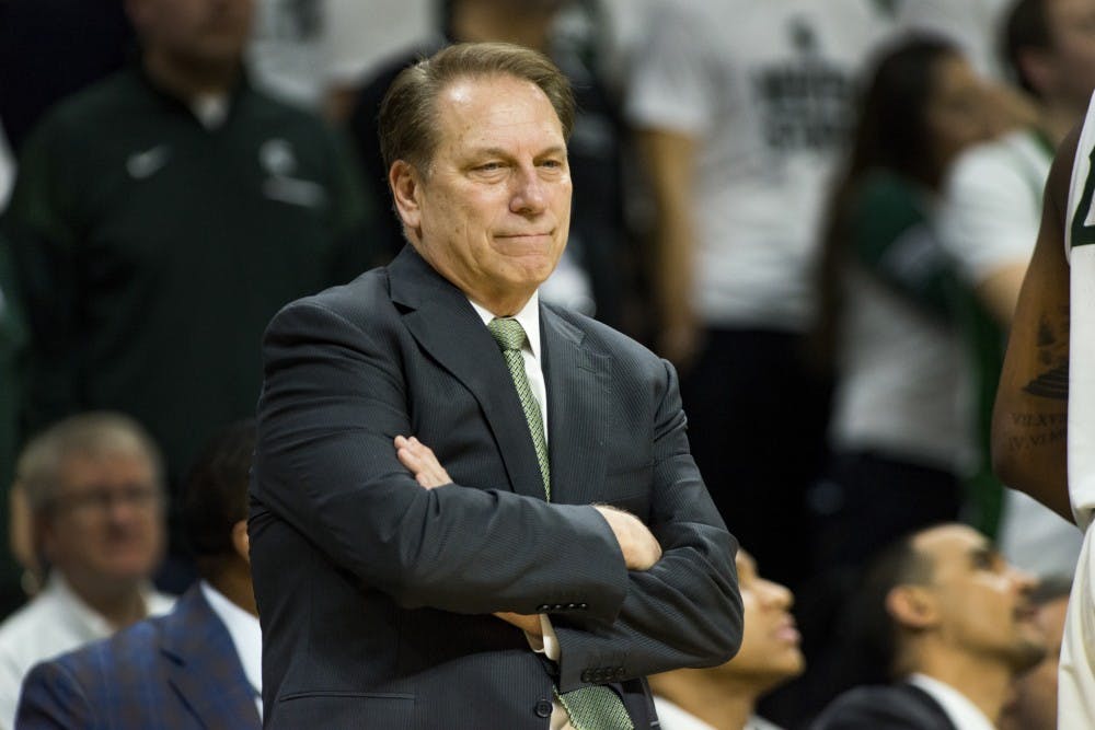 Head coach Tom Izzo reacts to a play during the first half of men's basketball game against the University of Wisconsin on Feb. 26, 2017 at Breslin Center. The Spartans defeated the Badgers, 84-74.