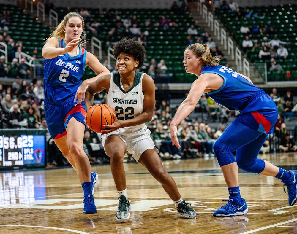 <p>MSU graduate guard Nyla Hampton (22) looks to score at the Breslin Center on Dec. 8, 2024.</p>