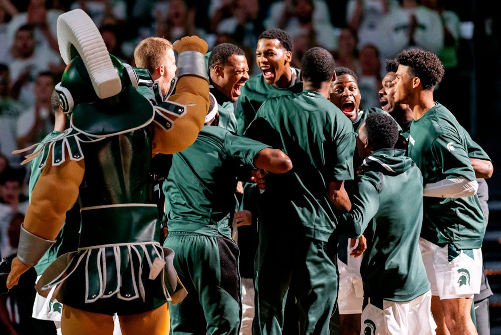 The MSU Men’s basketball team before playing a game against Albion College. The Spartans defeated the Britons, 85-50, at half at the Breslin Student Events Center on October 29, 2019. 