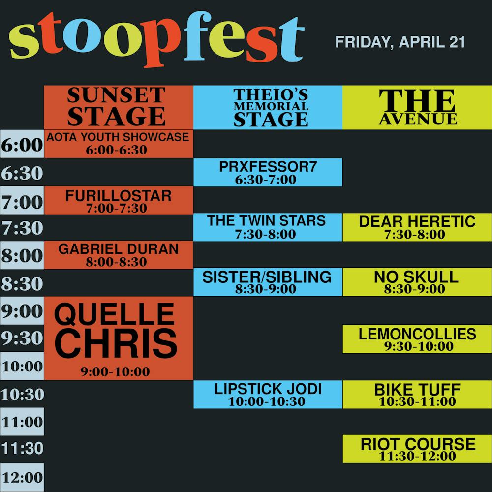 Stoopfest Friday Schedule.