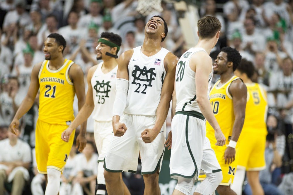 Freshman guard/forward Miles Bridges (22) celebrates during the second half of men's basketball game against the University of Michigan on Jan. 29, 2017 at Breslin Center. The Spartans defeated the Wolverines, 70-62.