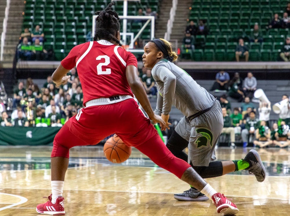 <p>Redshirt junior guard Shay Colley (0) drives to the basket during the game against Indiana Feb.11, 2019. The Spartans defeated the Hoosiers 77-61.</p>
