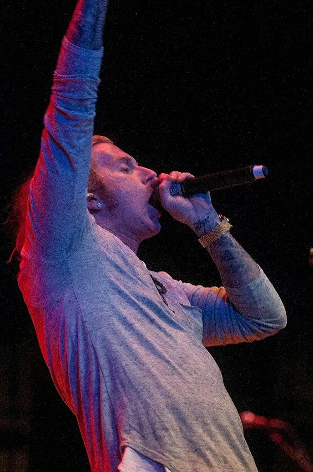 <p>Travis Clark of We the Kings performs March 22, 2015, in the Great Hall at Wharton Center. The concert was free for MSU students and was organized by the University Activities Board. Allyson Telgenhof/The State News.</p>