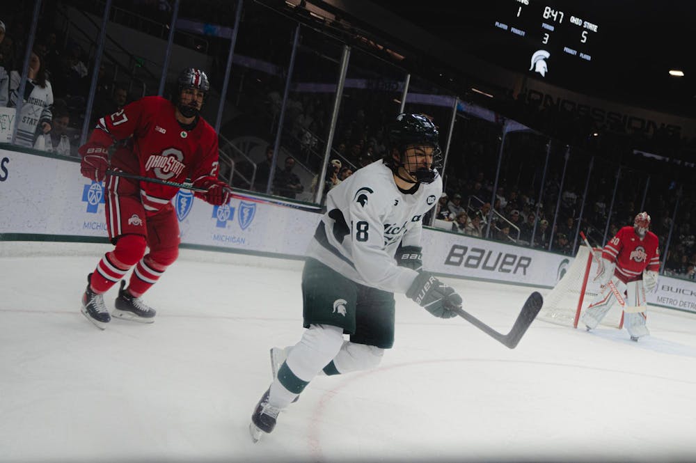 <p>MSU freshman forward Ryker Lee (18) skates down the ice vs. Ohio State at the Munn Ice Arena in East Lansing, MI, on Feb. 27, 2026.</p>