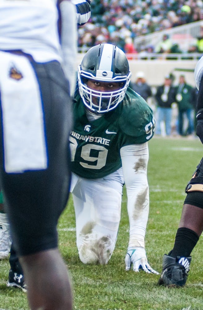 Junior defensive tackle Raequan Williams (99) looks into the backfield during the game against Purdue on Oct. 27, 2018 at Spartan Stadium. The Spartans defeated the Boilermakers 23-13.