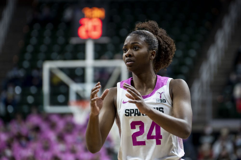 <p>Senior guard Nia Clouden (24) waits for the ball during the game against Michigan on Feb. 10, 2022, at the Breslin Center. The Spartans defeated the Wolverines 63-57.</p>