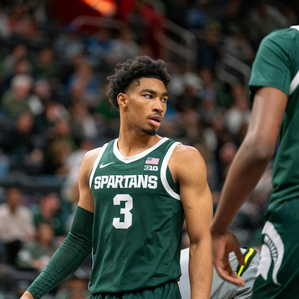 <p>Junior guard Jaden Akins (3) looking focused during a game against Baylor University at the Little Caesar’s Arena on Dec. 16, 2023.</p>