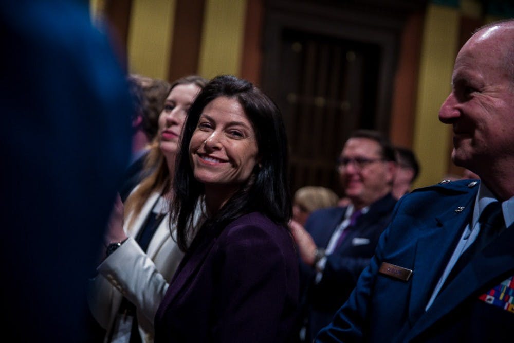 <p>Michigan Attorney General Dana Nessel smiles during the State of the State address on Feb. 12, 2019 at the Capitol in Lansing.</p>