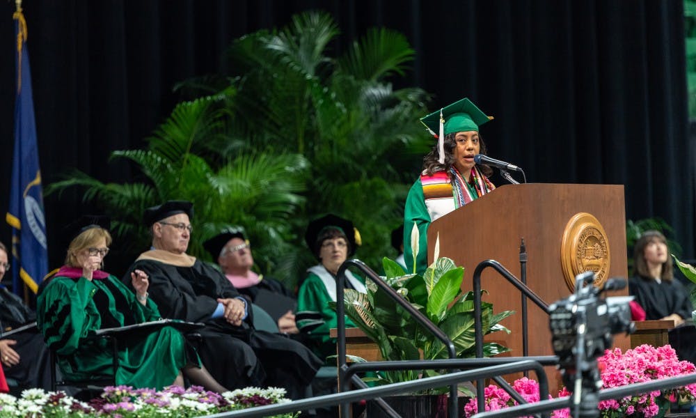 Graduate Selena Huapilla-Perez gives the senior class response during the Undergraduate Convocation Ceremony at the Breslin Student Events Center on May 3, 2019