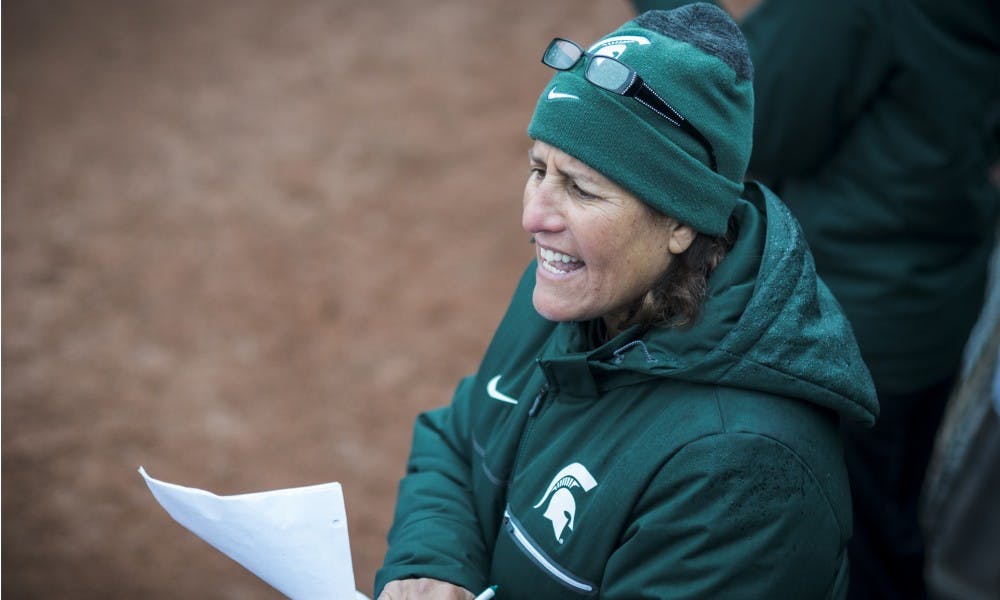 Head coach Jacquie Joseph yells at her players during the game against Maryland on March 31, 2017 at Secchia Stadium. The Spartans defeated the Terrapins, 11-3.