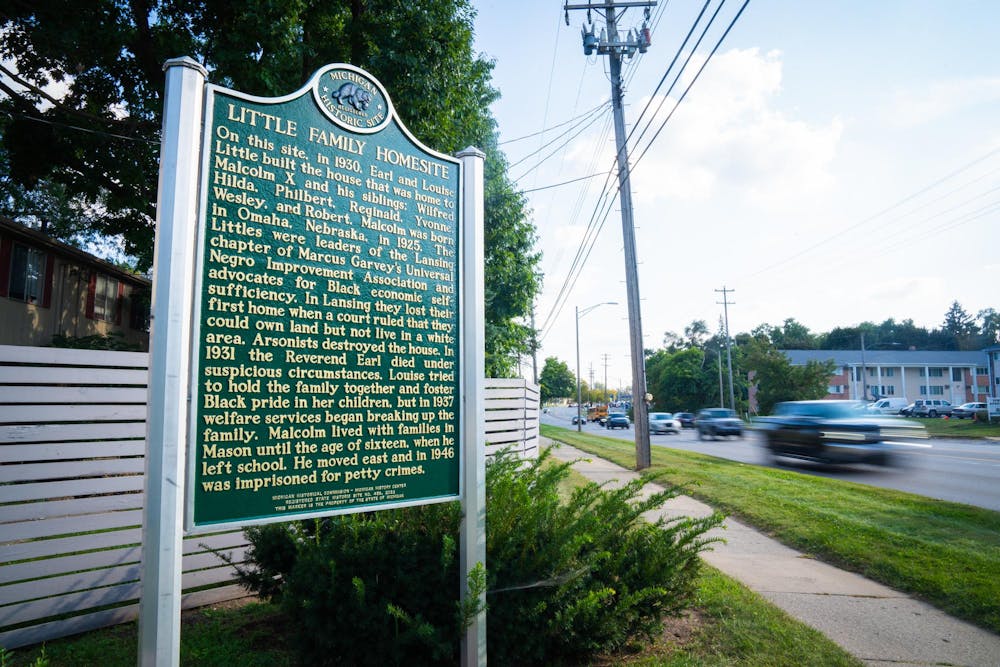 The Malcolm X Homesite Marker in Lansing, MI on Sep. 19, 2024. The marker provides background on X's childhood, his family and the construction of his Lansing home. It now stands as a memorial for the house, which was burned down by arsonists in 1929.