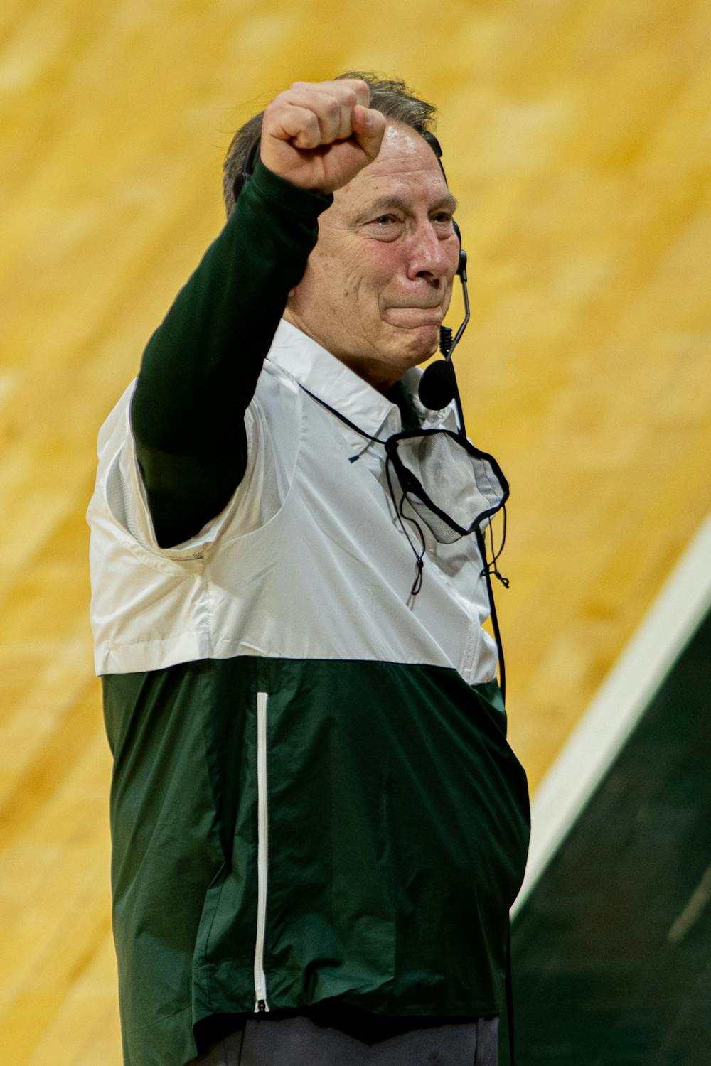 <p>After an upset over No. 2 Michigan on March 7, 2021, Spartan Head Coach Tom Izzo shares a moment with the small crowd.</p>